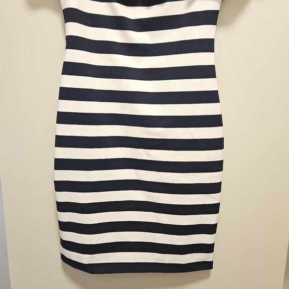 Eliza J Blue and White Mini Dress with Bateau Neckline and Ruffled Cap Sleeves 6 - Picture 9 of 16
